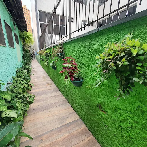 Mural verde e corredor com plantas